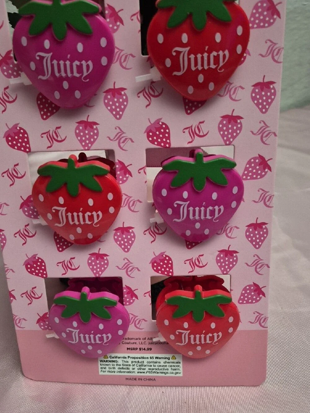Juicy Couture K Strawberry Chip Clips - Pink & Red Set of 6 New 2222
